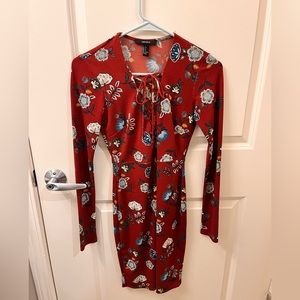 Forever 21 long sleeve body con dress with floral pattern